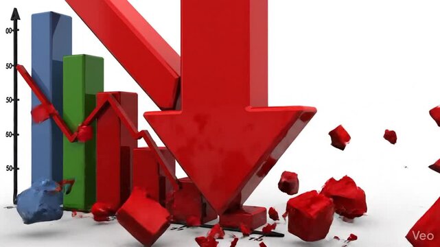 3D illustration of a red downward arrow with declining bar and line graphs representing financial market crash, economic recession, stock collapse, and global inflation on white background.