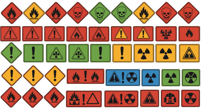 Collection of assorted hazard warning signs and safety symbols in bright colors and varied shapes.