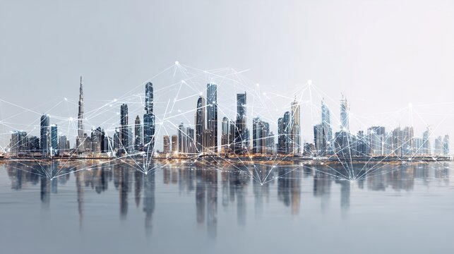 Modern city skyline with network connections and skyscrapers by water