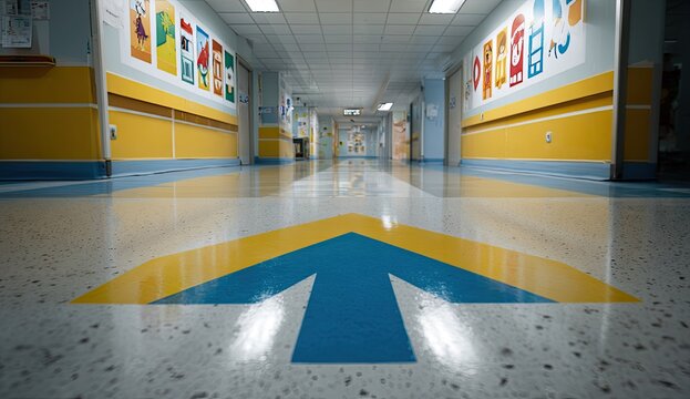 Brightly Colored School Hallway with Directional Arrow on Floor.