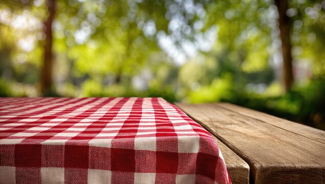 Picnic Table with Red and White Gingham Cloth in a Sunny Park.