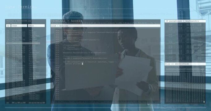 Man angling laptop toward woman holding docs causing UI overlays showing code logs security review