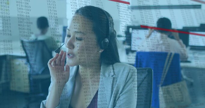 Female call rep adjusting headset and speaking, causing data overlay and red lines tracking metrics
