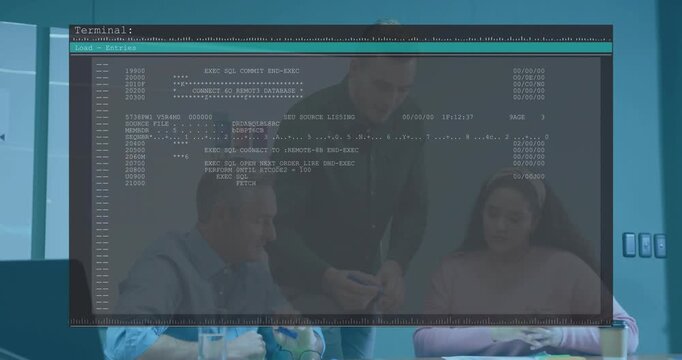 Standing man grabbing pen, team reviewing docs, causing terminal overlay showing code for tech