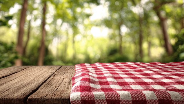 Wooden Picnic Table with Red Gingham Cloth in Forest Setting.