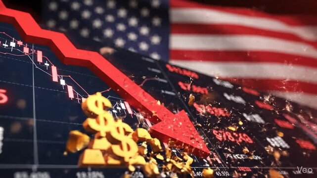 Financial crisis concept featuring descending red arrow diagrams representing stock market crash and economic recession against blurred United States flag backdrop symbolizing fiscal downturn.