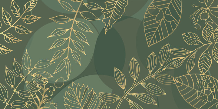 Elegant botanical pattern featuring golden leaves and overlapping dark green shapes