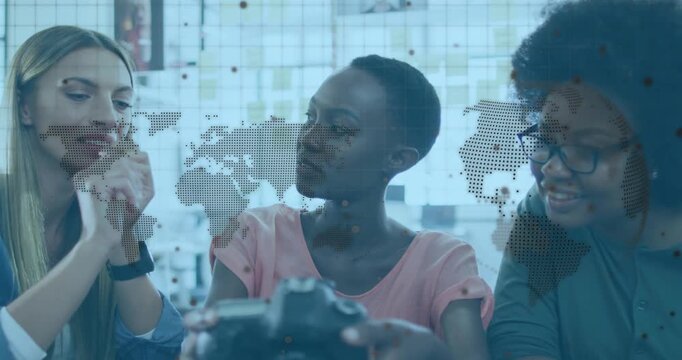 Cool-blue camera lab, left checking DSLR, center steadying, right watching, dotted map overlaying