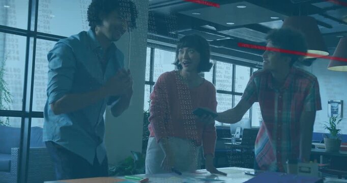 Three designers finalizing layout in office, moving sheet initiating red lines overlaying scene