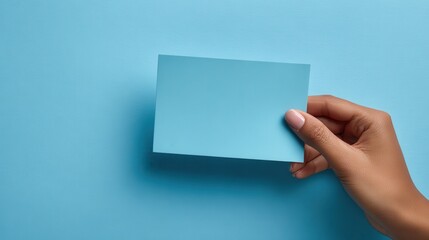 Obraz premium Vibrant photo of Hand holding a blank light blue sticky note against a blue background