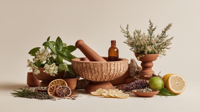 Herbal medicine ingredients and tools on a beige background