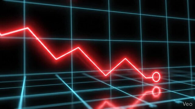 Glowing Neon Red Financial Business Graph Line Decreasing Downward On Black Background Representing Market Loss Economic Crisis Recession Failure Bankruptcy Deficit Negative Revenue Trend Concept