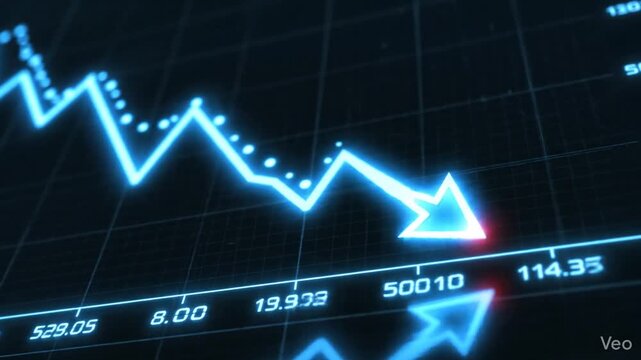 Luminous sapphire digital financial graph manifesting a steep plummeting trajectory with a pointed indicator arrow signifying economic recession on a pitch black backdrop 4k video