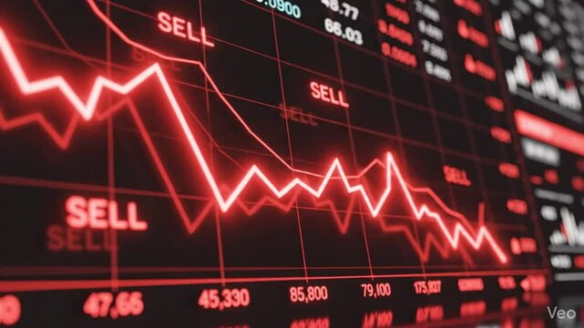 Financial stock market crash visualization featuring a plummeting red line graph depicting economic crisis, inflation, recession, and bankruptcy risk on a dark digital trading screen background.