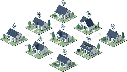 Fototapeta premium Smart residential neighborhood with connected houses and IoT devices, modern community network infrastructure isometric vector illustration