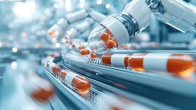 High-tech factory interior with conveyor belts and robotic arms handling capsules.