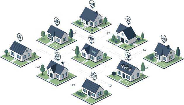 Smart residential neighborhood with connected houses and IoT devices, modern community network infrastructure isometric vector illustration