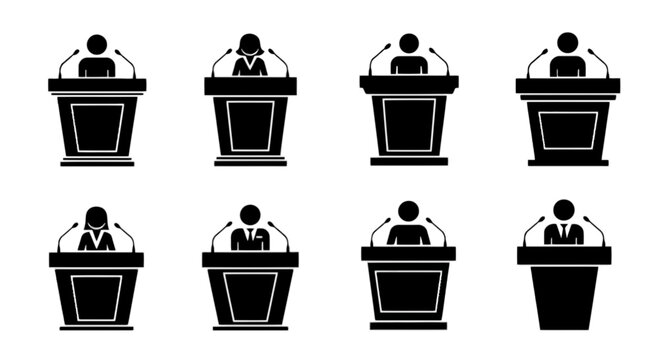 Black and white icons of people standing at podiums isolated on transparent background, Vector