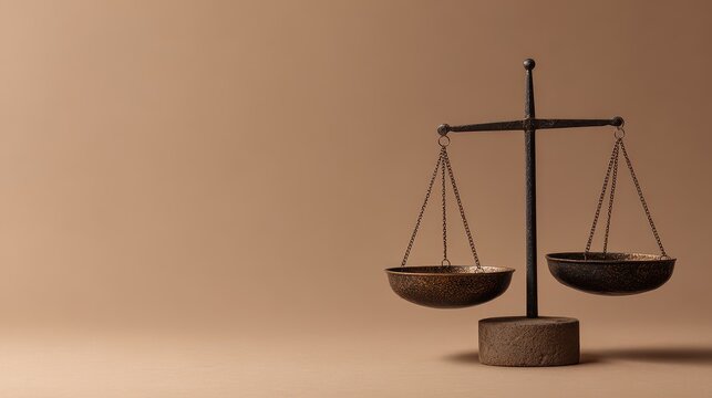 Vibrant photo of Vintage brass balance scale with empty pans on a solid beige background