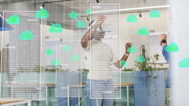 Woman raising hand causing glass UI, cloud icons overlaying while gesturing and using VR for demo