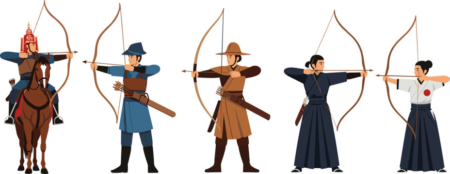 Traditional archers from different cultures set with medieval, nomadic and Japanese kyudo warriors, historical archery characters flat vector illustration