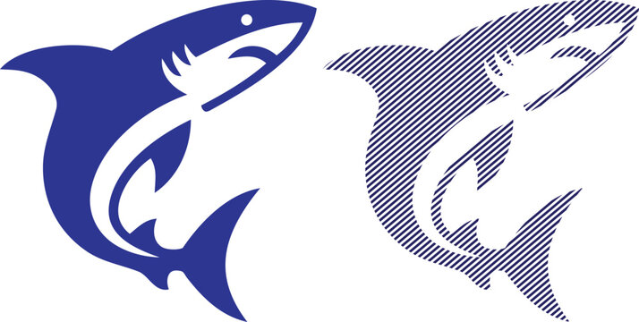 Vector aggressive shark silhouette vector - blue and striped aquatic icon
