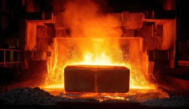Molten Metal Pouring in Industrial Foundry Furnace.