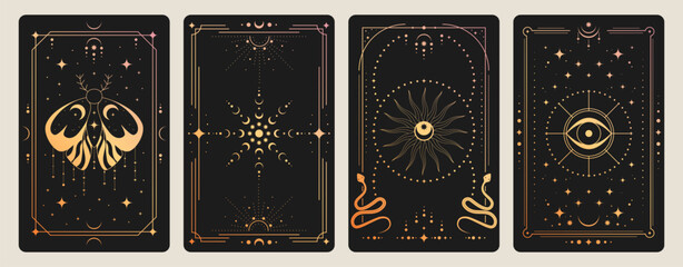 Mystical tarot card back with celestial sun, moon and stars in ornate golden frame, vector illustrations. Esoteric borders with magic symbols, spiritual snake, butterfly patterns for horoscope design © klyaksun