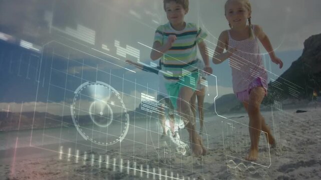 Family walking toward camera on beach, sequence advancing with kids running past tech HUD overlay
