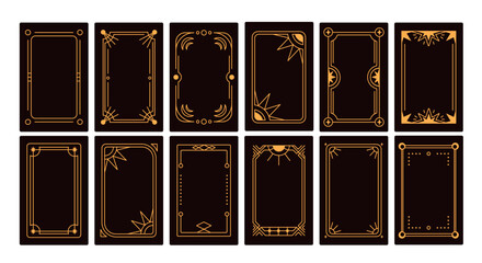 Tarot card frames, magic decorative borders. Taro back, reverse side designs set. Gold line corners with celestial mystic esoteric occult symbols and signs, sun, star. Flat vector illustrations © Good Studio