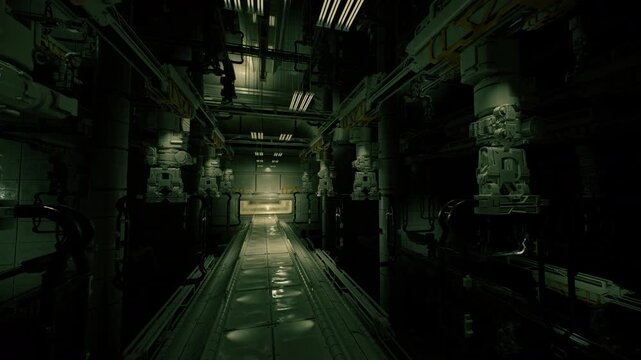tight utility passage with flickering vent lights and dripping panels, reflective walkway, overhead pipes and mechanical ribs, tense cinematic atmosphere ready