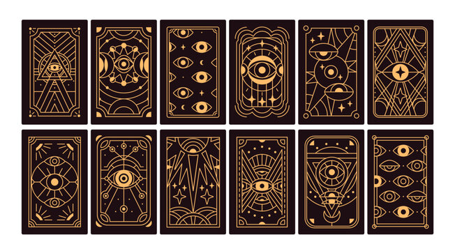 Tarot card back side. Magic mystic esoteric taro posters, reverse background designs set. Celestial cosmic occult symbols and signs, line geometric patterns, oracle eyes. Flat vector illustrations