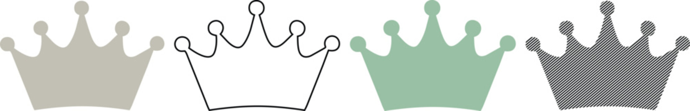 Vector crown icons in multiple styles: solid, outline, patterned vector art