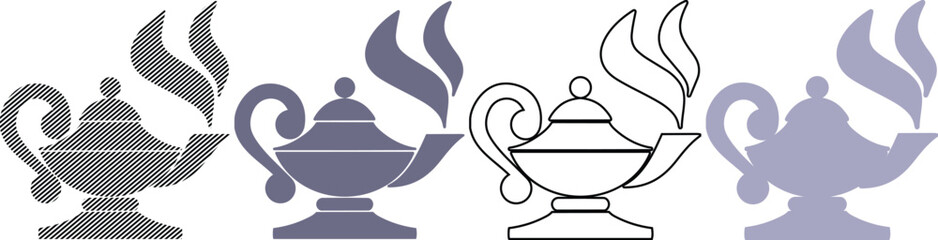 Vector set of four glowing magic lamps in different styles: sketch, flat, outline, silhouette, magic lamp © MD