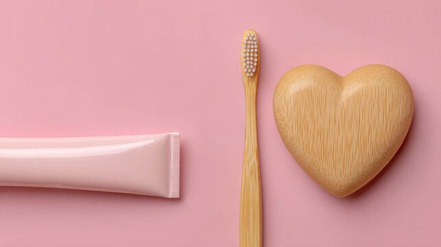 Vibrant photo of Eco-friendly bamboo toothbrush, pink toothpaste tube, and wooden heart on a pastel pink background, promoting dental care and wellness.