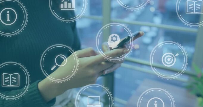 Woman scrolling phone by railing, tapping and swiping, activating HUD icons centering for learning