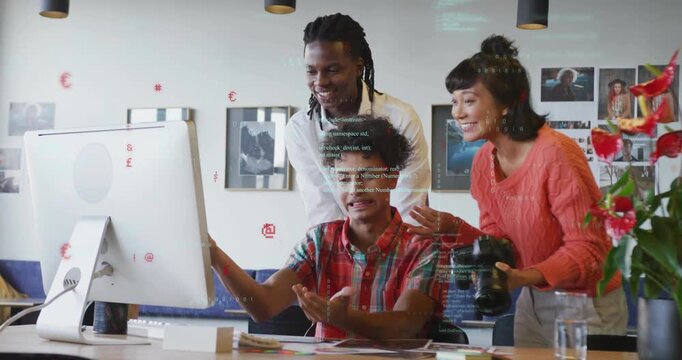Team of three using mouse pointing at monitor in studio with camera animated code marking edits