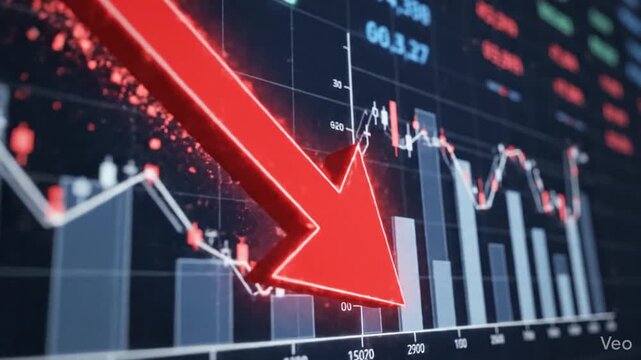 Financial Market Crisis Concept featuring a Red Downward Pointing Arrow Representing Economic Recession, Stock Price Drop, and Negative Global Trade Growth in Vector Style Animation Layout.