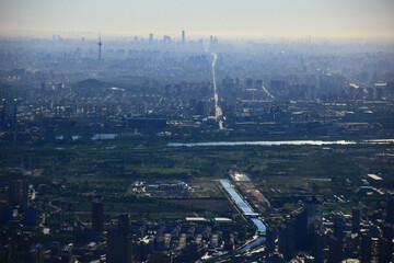 Naklejka premium Beijing Cityscape Aerial View with Oriental Pearl Tower and Urban Landscape