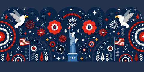 Naklejka premium Festive illustration featuring the statue of liberty and patriotic american symbols