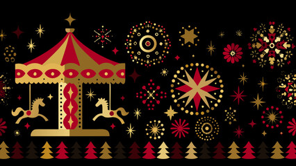 A vibrant illustration of a golden carousel with festive golden ornaments © Amrita