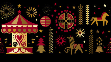 Festive folk art scene with carnival stars and traditional motifs © Amrita