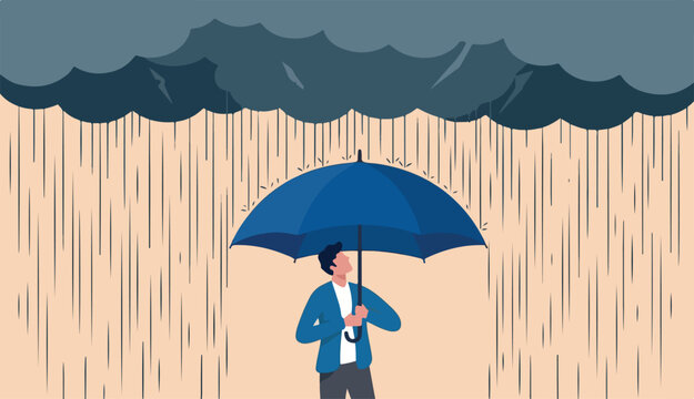 Mental health protection, depression anxiety control cure help, support mental to illness suffering concept, human head with self using umbrella to protect heavy raining or storm depression