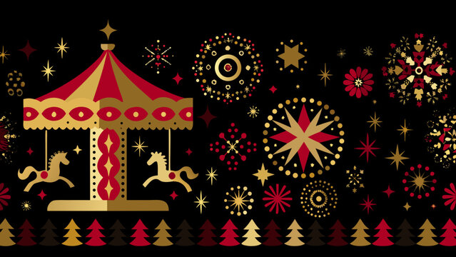 A vibrant illustration of a golden carousel with festive golden ornaments