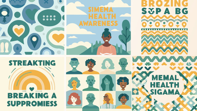 Collage of illustrations promoting mental health awareness and inclusivity