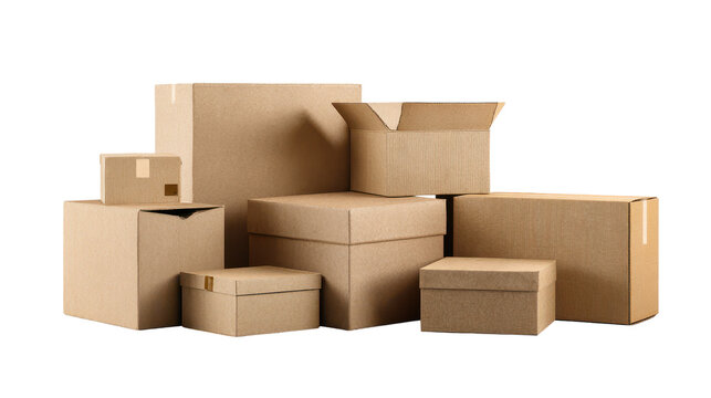 Various cardboard boxes stacked in different sizes and shapes on a plain background in a well-lit space