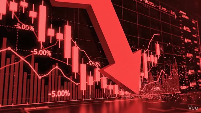 3D rendering of a dramatic financial stock market crash featuring a falling red digital arrow alongside declining candlestick charts and economic graphs on a dark background depicting crisis.