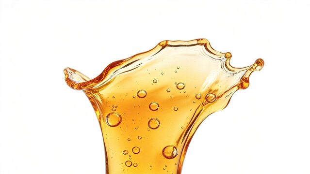 Golden liquid splash with bubbles dynamic movement isolated on white background high speed photography abstract fluid art refreshing drink concept amber color pure energy macro det