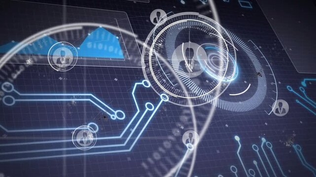 Central HUD rotating and sending sweeping rings, causing network user icons appearing along traces