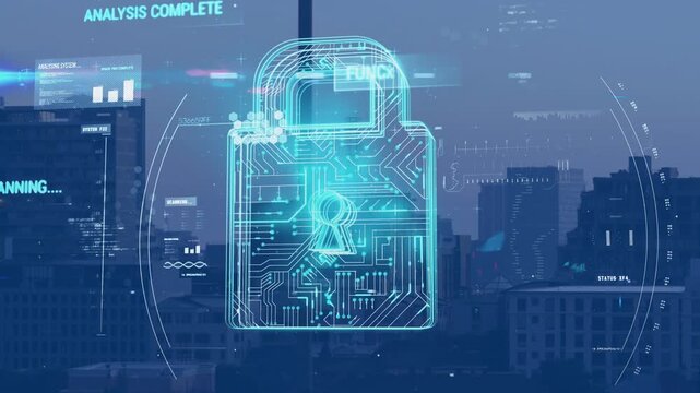 Blue hologram padlock rising over skyline, starting scan, lighting traces, showing security status